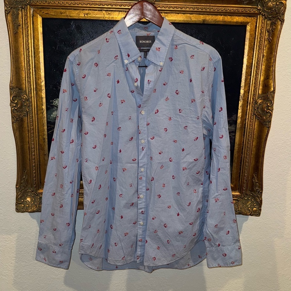 BONOBOS Men’s Light Blue Floral Print Slim Fit Dress Shirt Button Down Size M